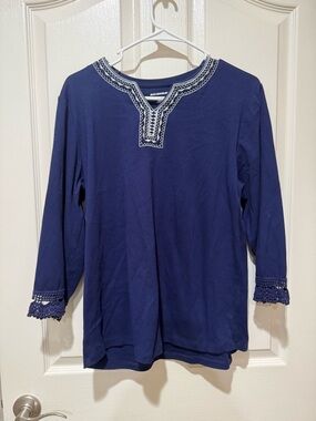 Allison Daley Navy Blue Embroidered Crochet Sleeve Tunic